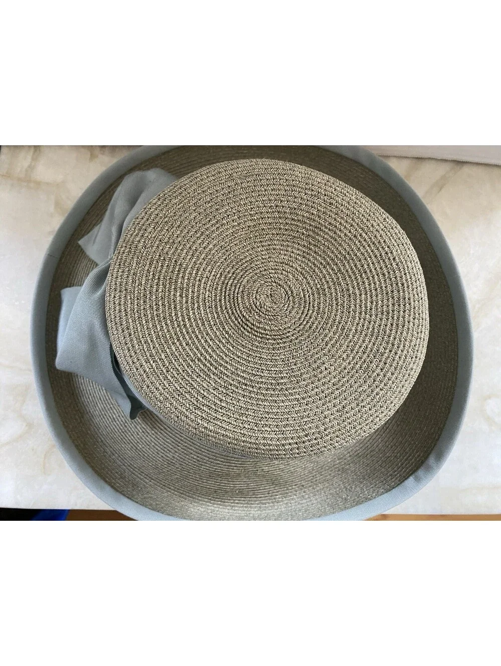 ERIC JAVITS Beige Natural Straw Wide Brim Fedora Floppy Sun Hat Blue Wide Bow